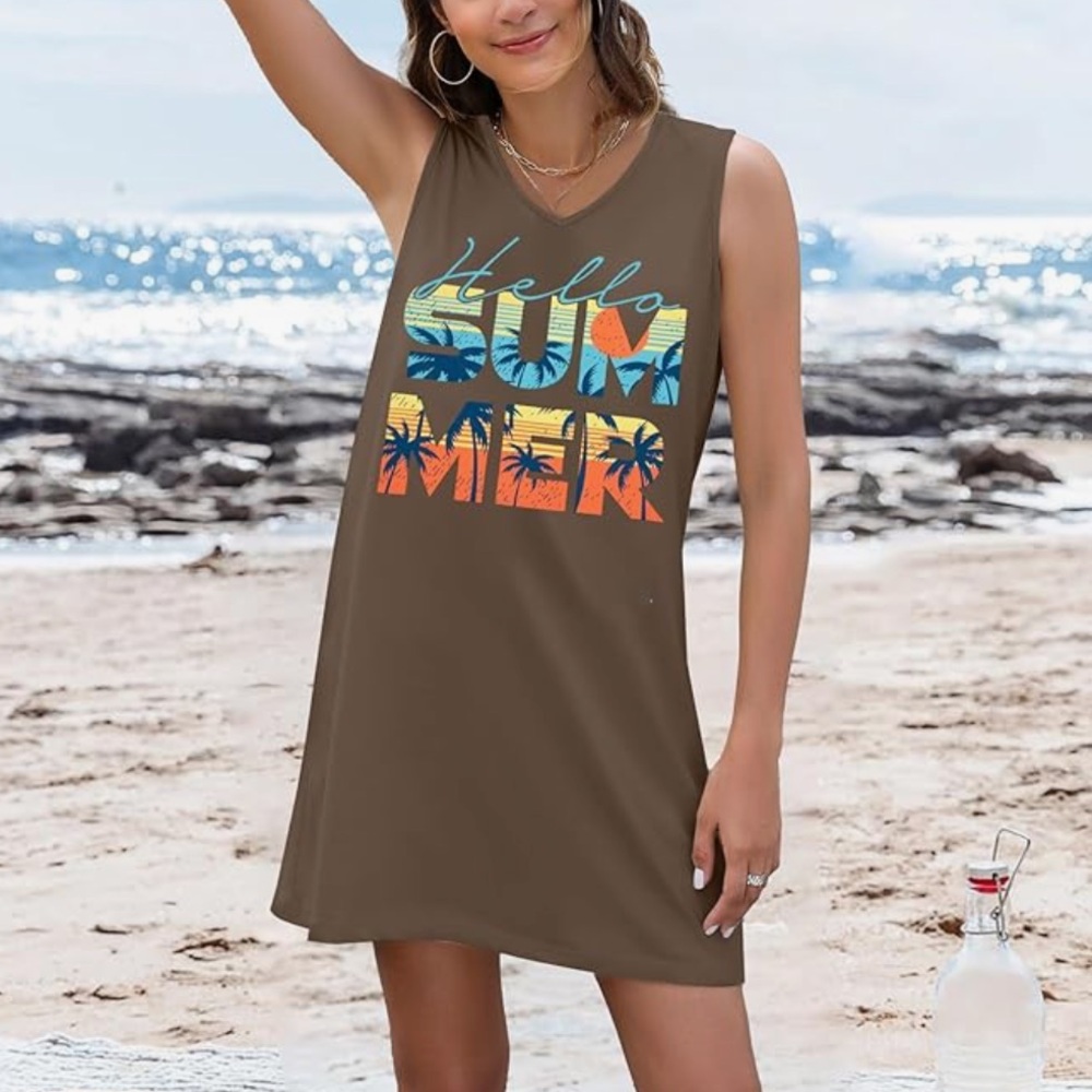 Chic Nation Brown and Blue Coverup Dress with Tropical Graphic